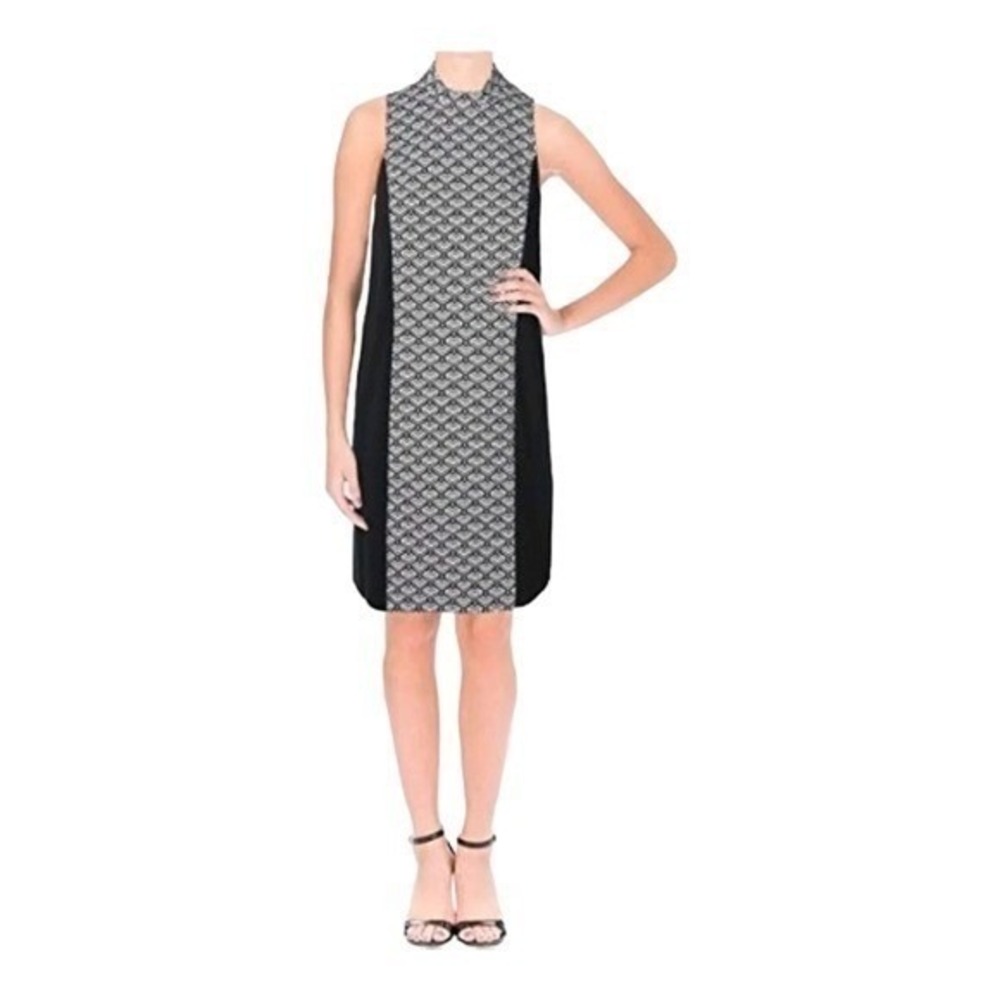 Kensie Shift Dress Women Medium Black White Geometric Mock Neck